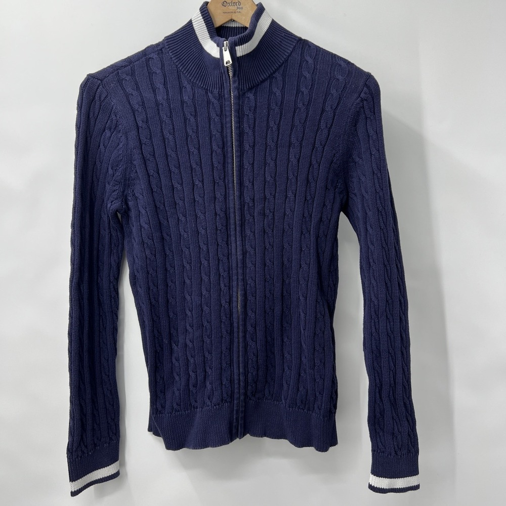 Vtg Foxcroft Women's Cardigan Sweater Cable Knit Supima Preppy Nautical M Navy‎